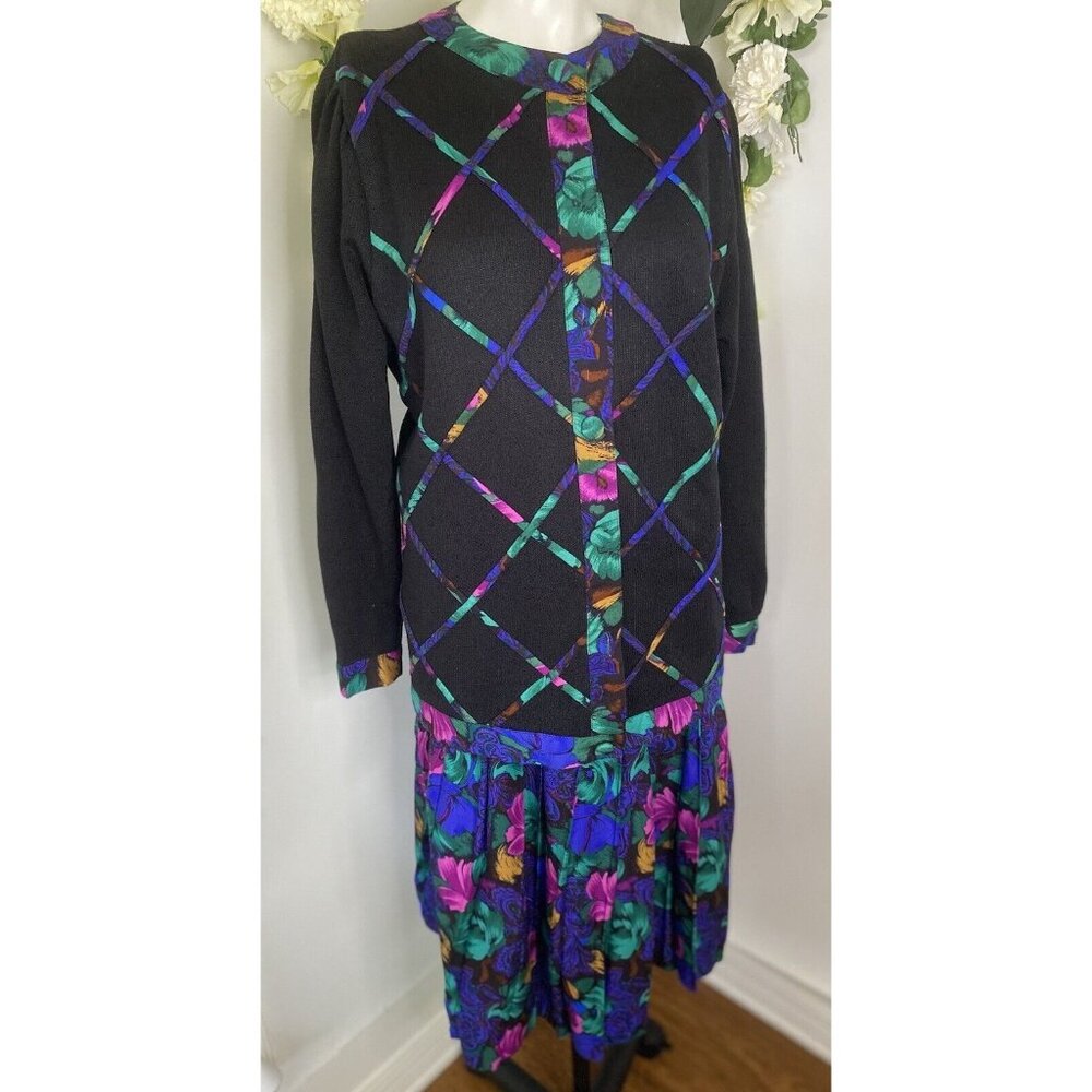 Vintage 1980's Cardigan Sweater Skirt‎ Suit Set Black Floral Size 14 Made in USA